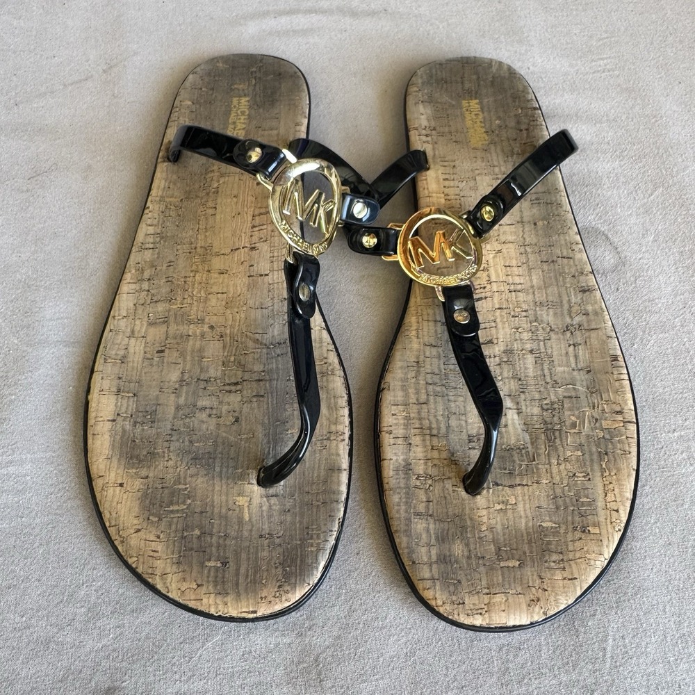 Size 11 - Michael Kors Charm Jelly Women Thong Sandals Red Gold MK Logo Cork